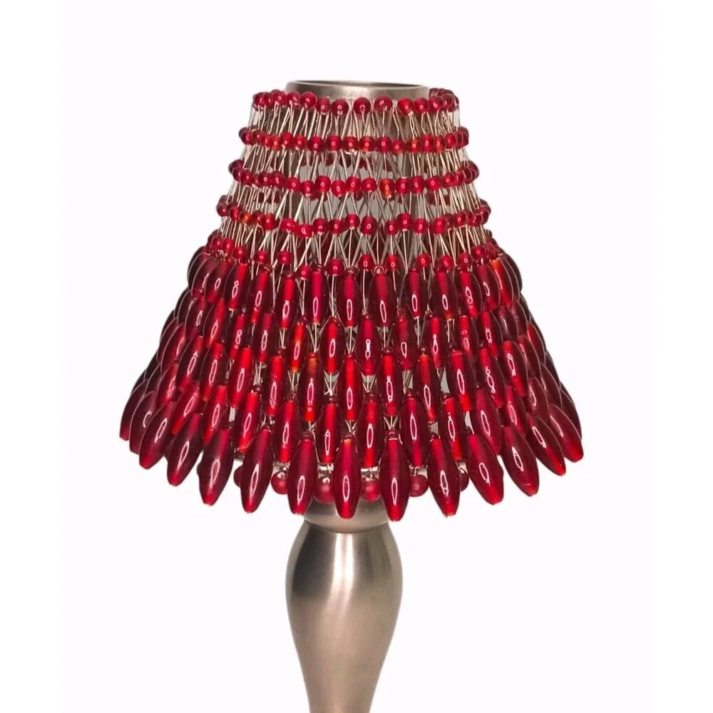 Pottery Barn Polished Pewter Tealight Candle Lamp Ruby Red Glass Beaded Shade
